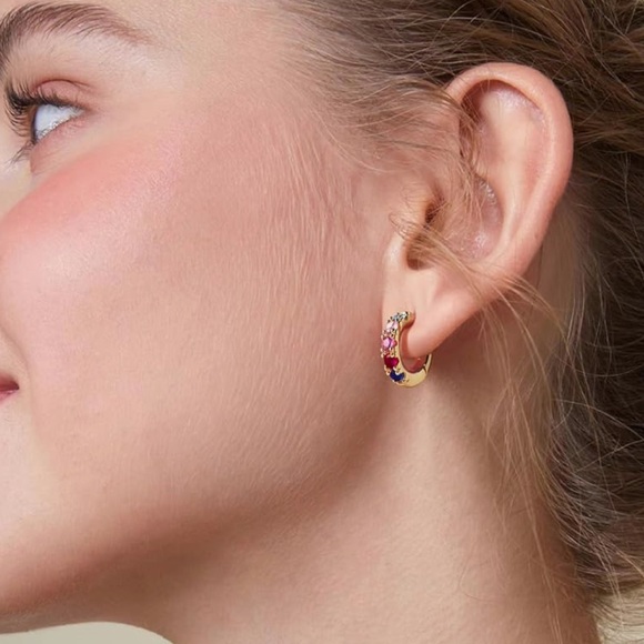 NEW 14k Gold Plated Cubic Zirconia Colorful Gemstone Hoop Earrings - Picture 3 of 3